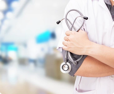doctor with stethoscope hands hospital background 1
