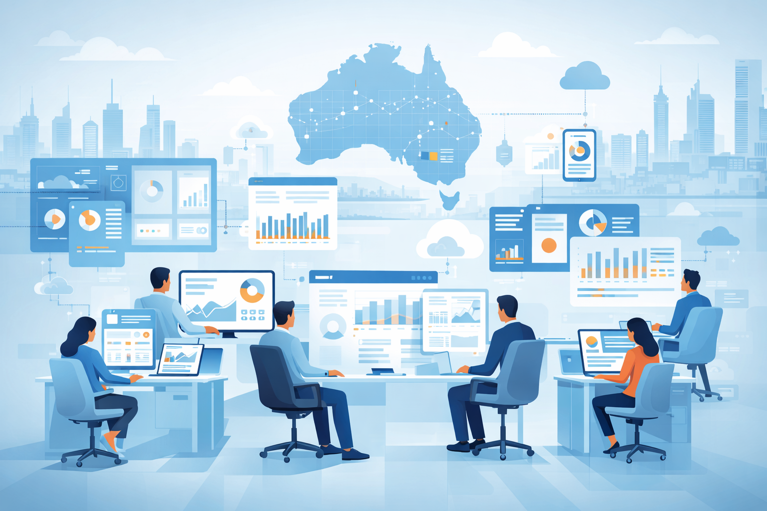 A clean, modern digital illustration showing Australia’s evolving workforce with professionals working across multiple screens, charts, and data visuals. Includes subtle Australian map or city elements, remote work setups, and digital collaboration tools. Style is minimal, professional, and technology-focused, designed for an informative, data-driven business article. No text, no branding.