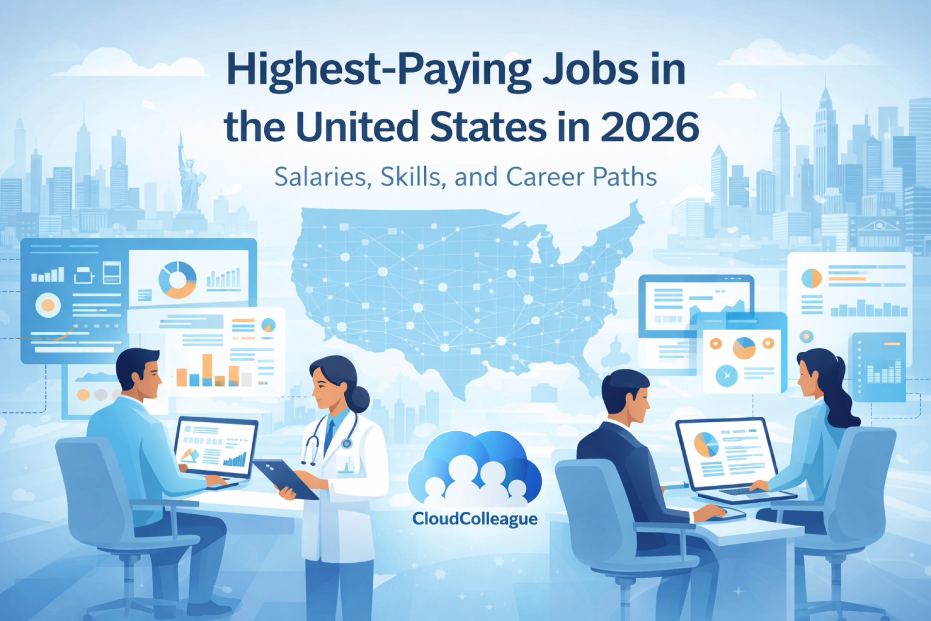 Illustration of high-paying careers in the United States showing salary trends, skills, and professionals working in technology, healthcare, and business