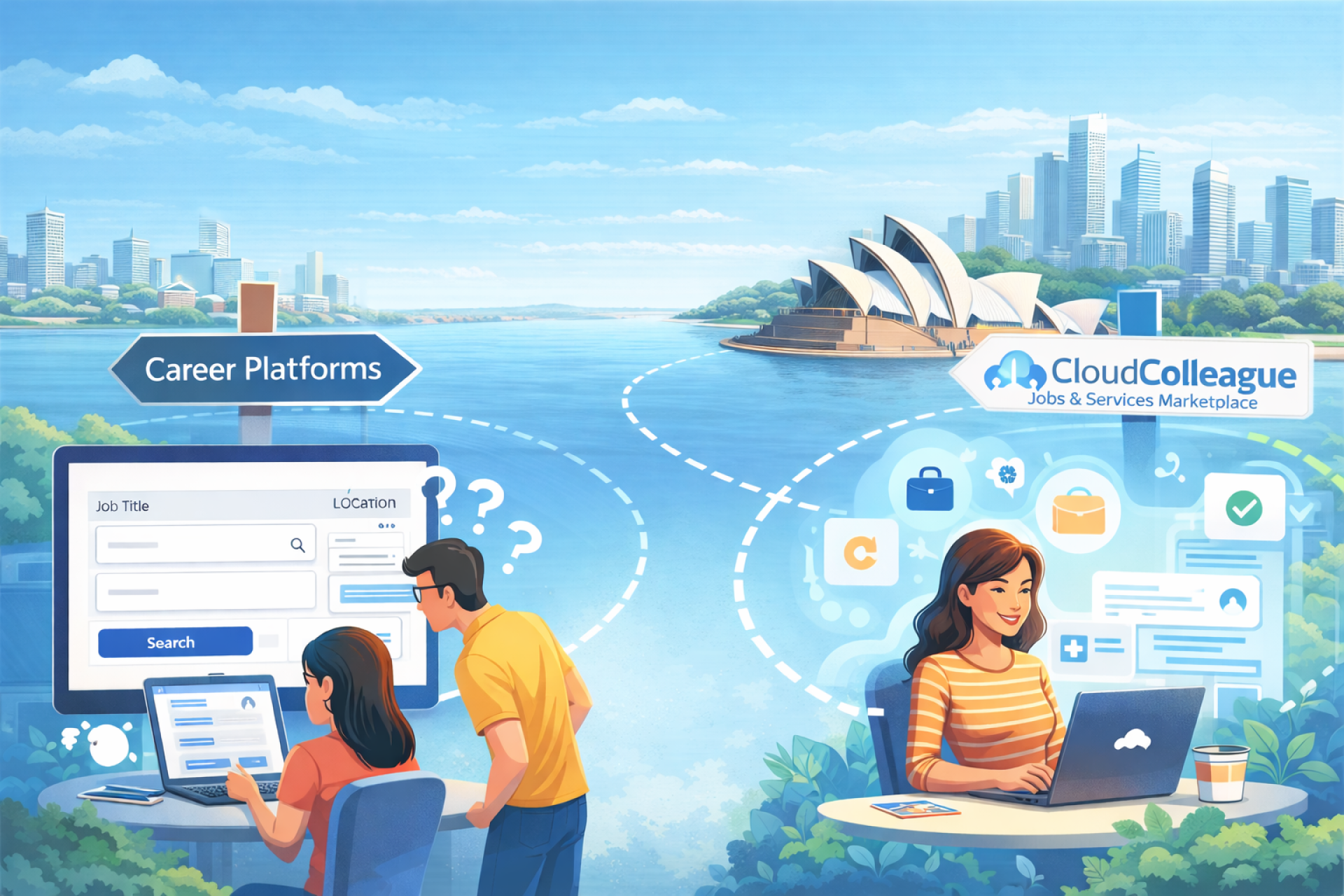 Illustration showing Australians moving from traditional career platforms to CloudColleague, a modern jobs and services marketplace, with professionals working digitally in Australia